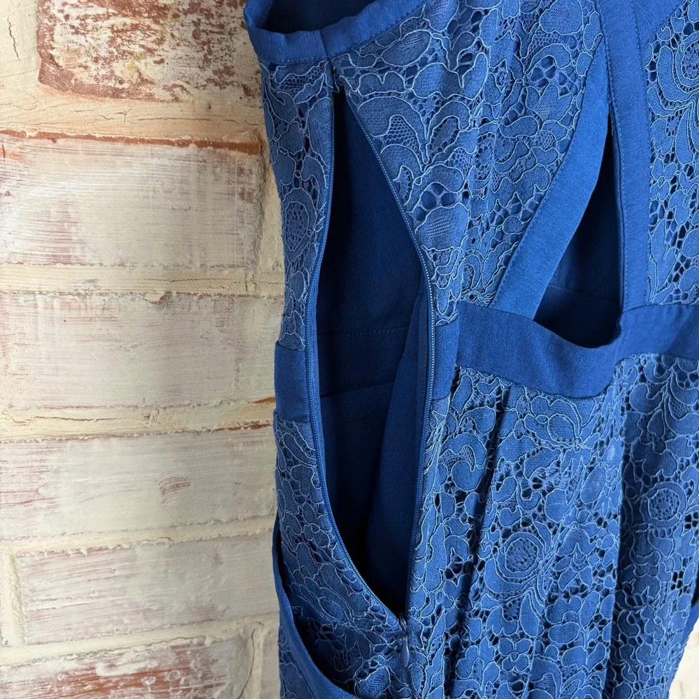 Free People Lovely in Lace Cobalt Mini Dress XS V-Neck Crossover Keyhole Pockets